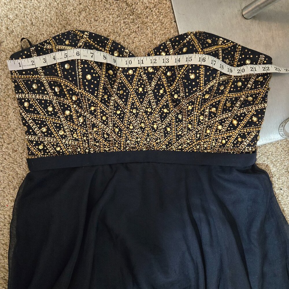 Sz 18 Alyce Paris 6573 Navy Chiffon Strapless Sweetheart Gown Gold Citrine Stone - Picture 9 of 12